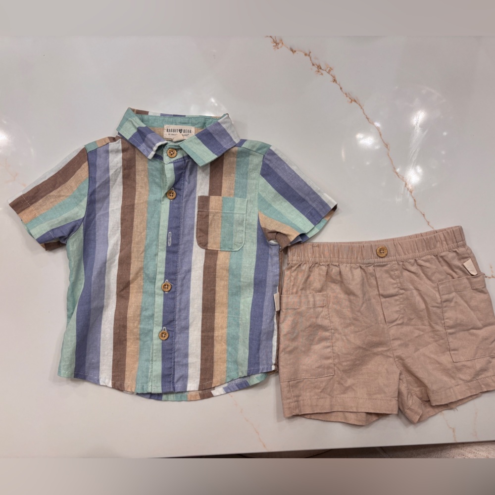 Striped Button-Up Shirt and Tan Shorts Set